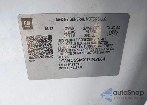 2018 Chevrolet Cruze Ls Auto z USA, uszkodzony, nr VIN 1G1BC5SMXJ7242664